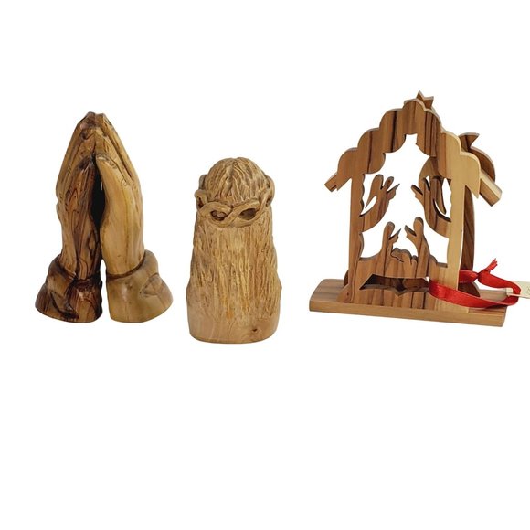 Three Piece Religious Olive Wood Carved Jesus, Praying Hands, Manger, EUC - Picture 2 of 8